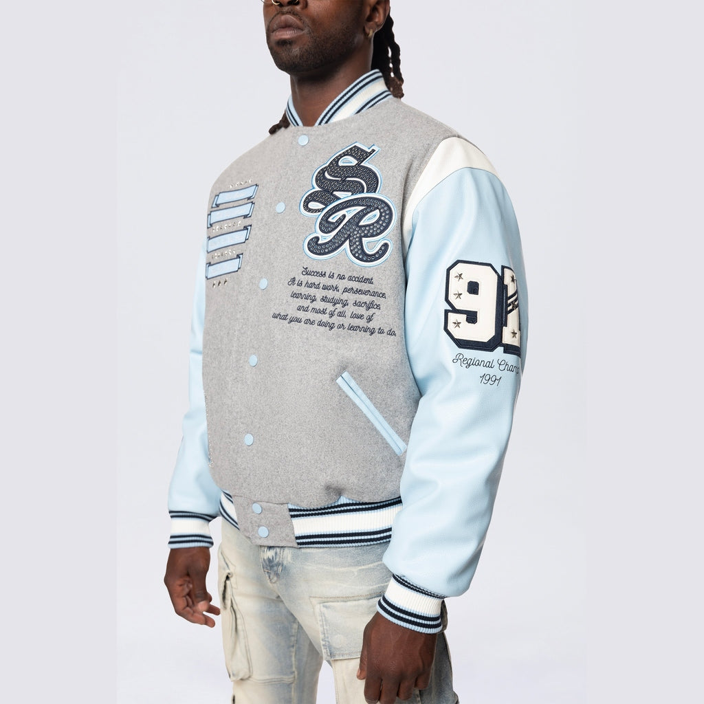 Smoke Rise Studded Patched Varsity Jacket - Heather Grey