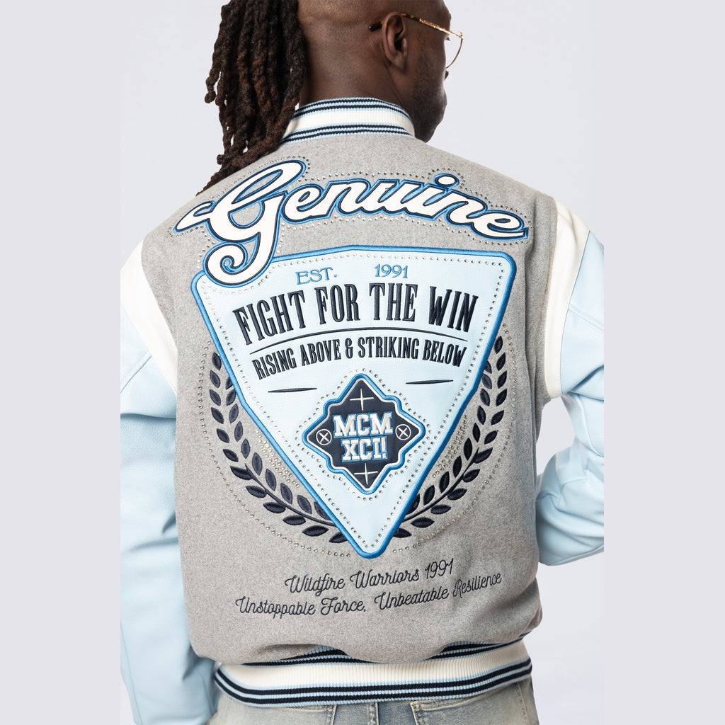 Smoke Rise Studded Patched Varsity Jacket - Heather Grey