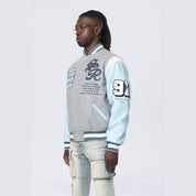 Smoke Rise Studded Patched Varsity Jacket - Heather Grey