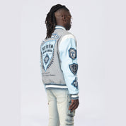 Smoke Rise Studded Patched Varsity Jacket - Heather Grey