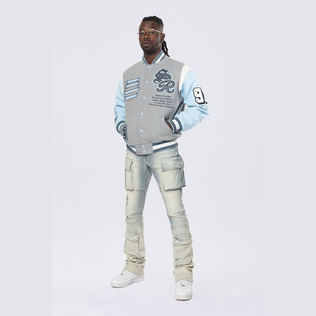 Smoke Rise Studded Patched Varsity Jacket - Heather Grey