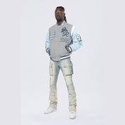 Smoke Rise Studded Patched Varsity Jacket - Heather Grey