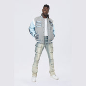 Smoke Rise Studded Patched Varsity Jacket - Heather Grey