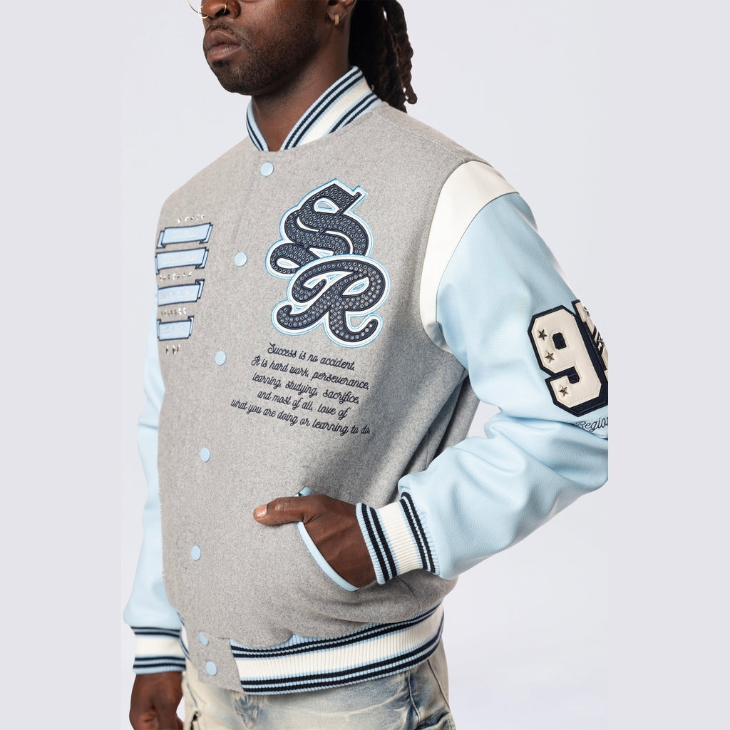 Smoke Rise Studded Patched Varsity Jacket - Heather Grey