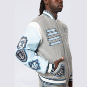 Smoke Rise Studded Patched Varsity Jacket - Heather Grey