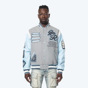 Studded Patched Varsity Jacket - Heather Grey