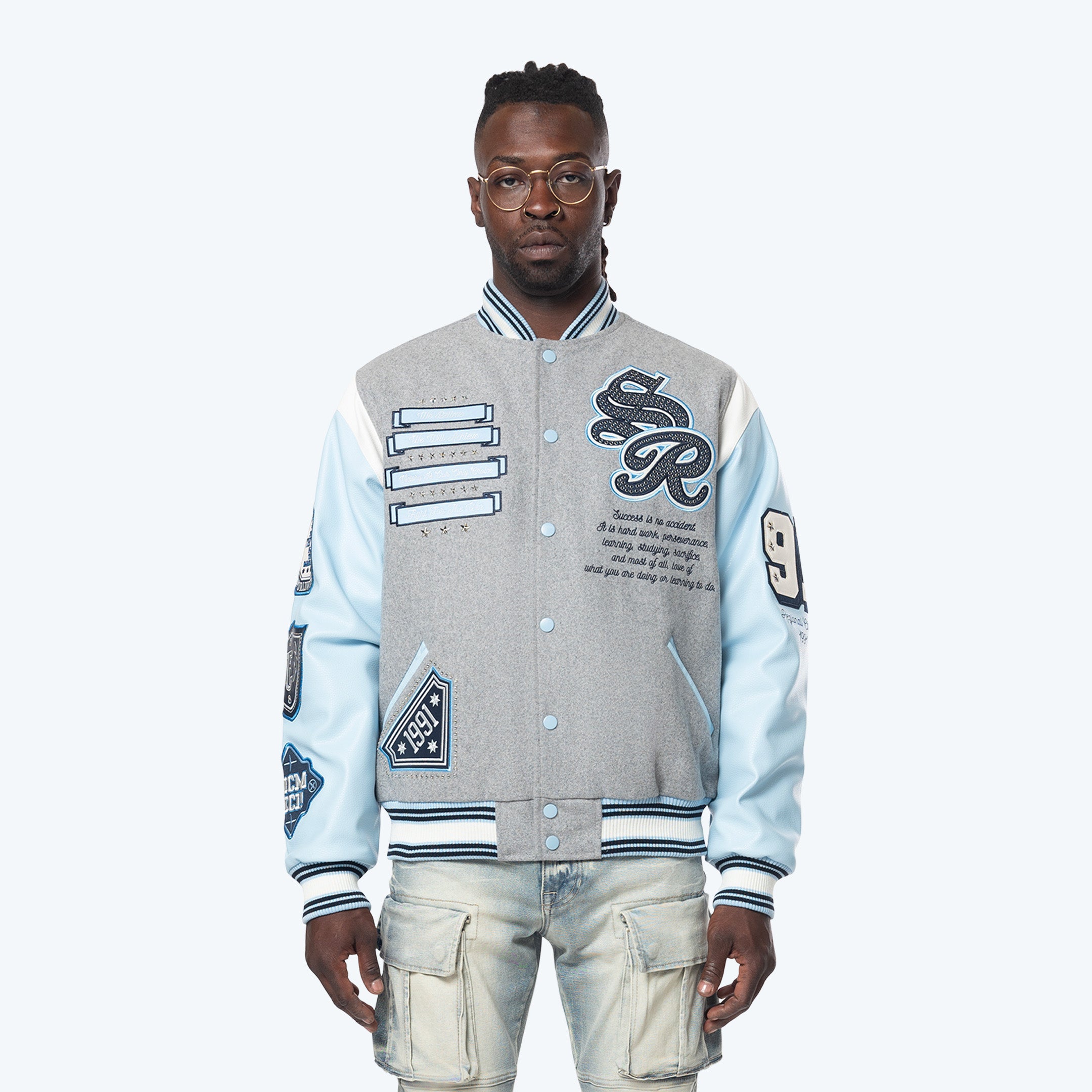 Studded Patched Varsity Jacket - Heather Grey