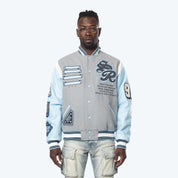 Studded Patched Varsity Jacket - Heather Grey