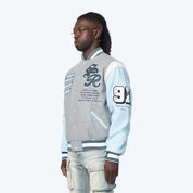 Studded Patched Varsity Jacket - Heather Grey