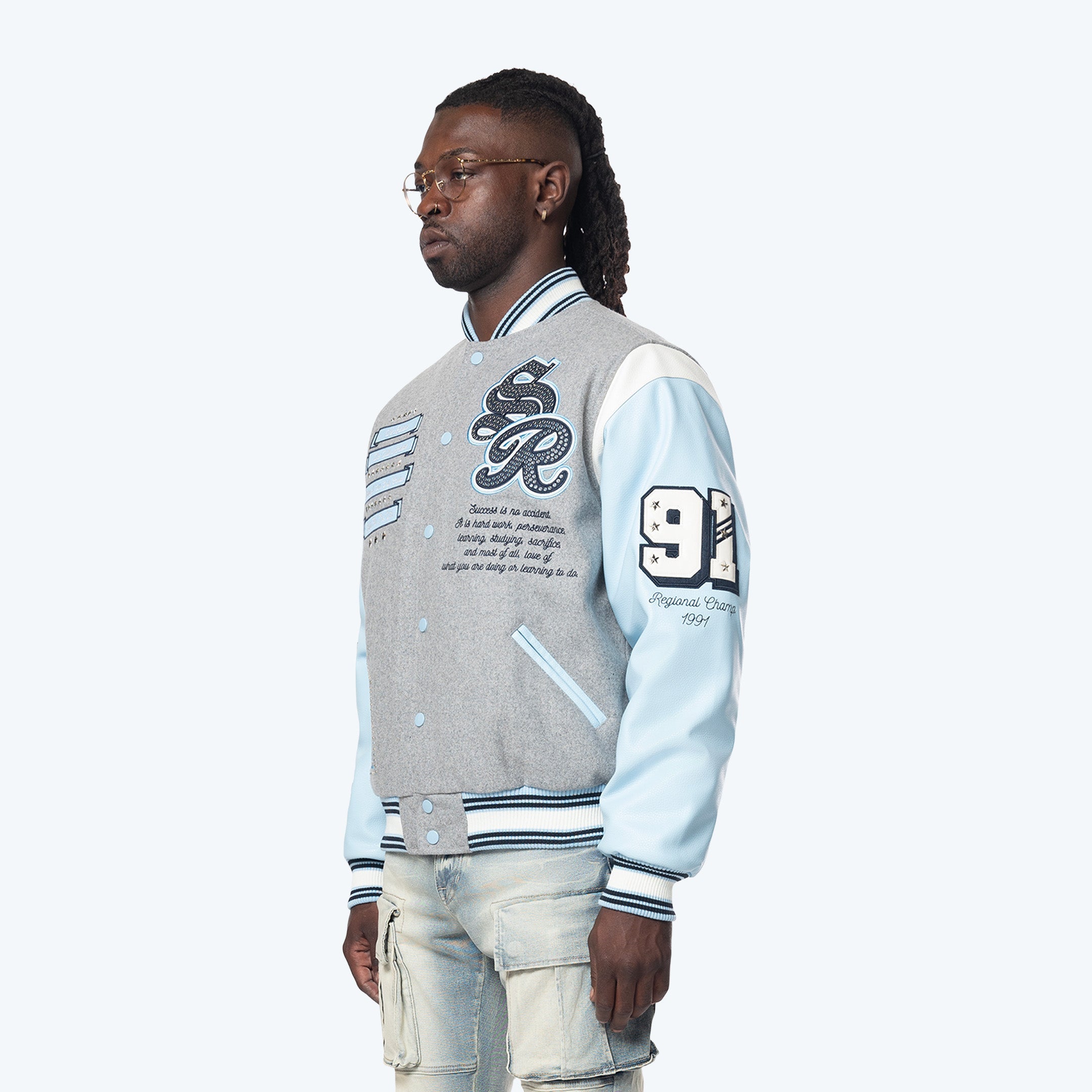 Studded Patched Varsity Jacket - Heather Grey