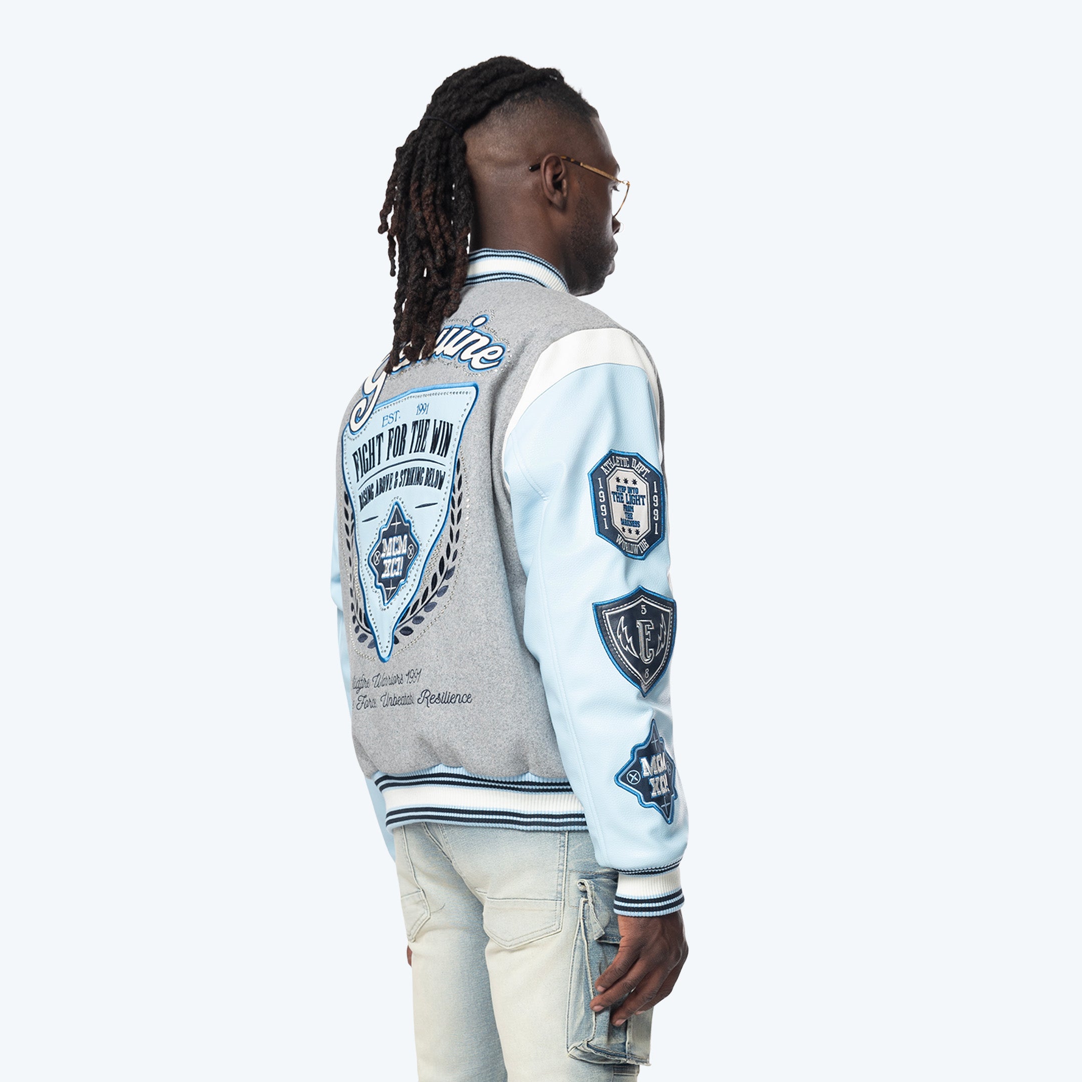 Studded Patched Varsity Jacket - Heather Grey