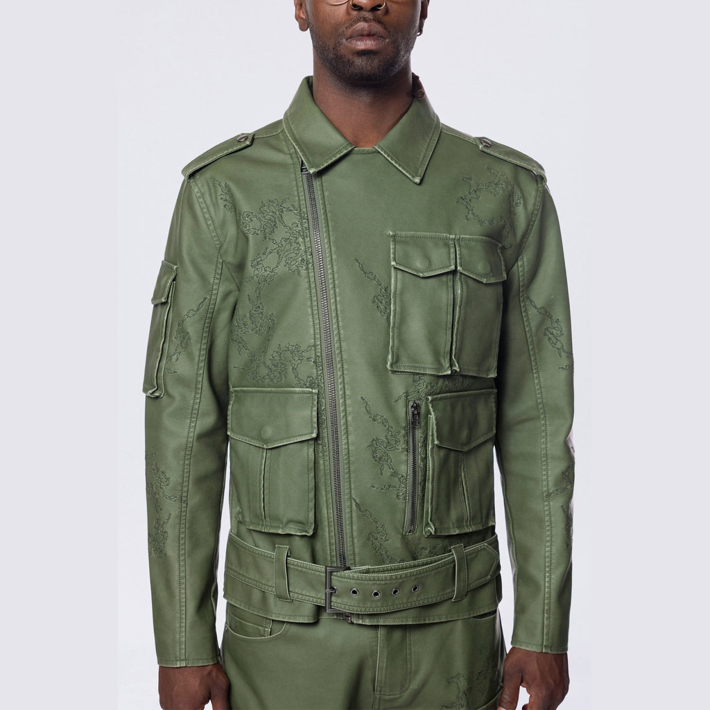 Smoke Rise Washed Vegan Leather Biker Jacket - Washed Deep Olive
