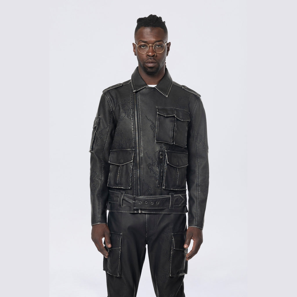Smoke Rise Washed Vegan Leather Biker Jacket - Washed Black