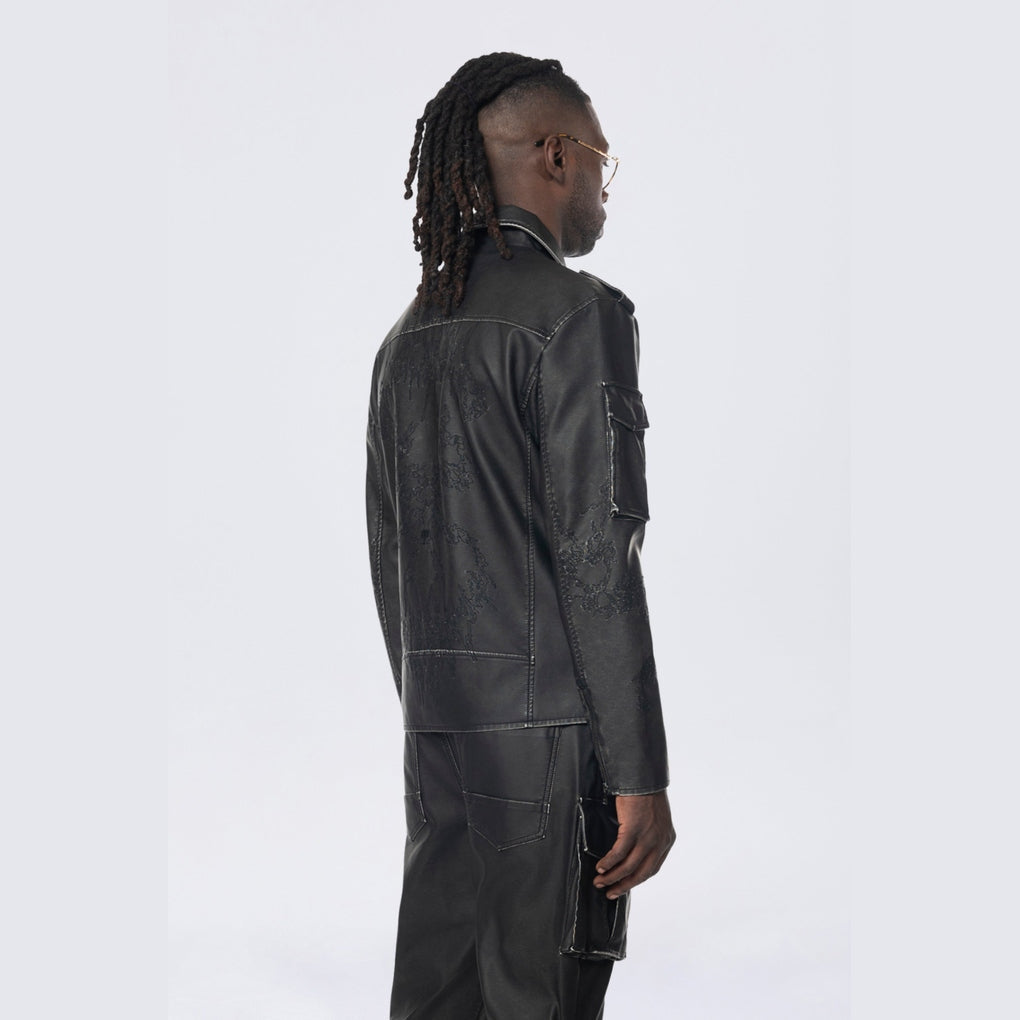 Smoke Rise Washed Vegan Leather Biker Jacket - Washed Black