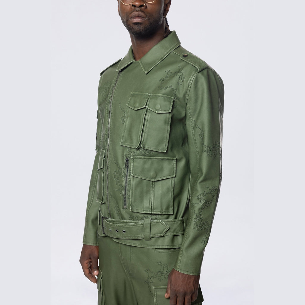 Smoke Rise Washed Vegan Leather Biker Jacket - Washed Deep Olive