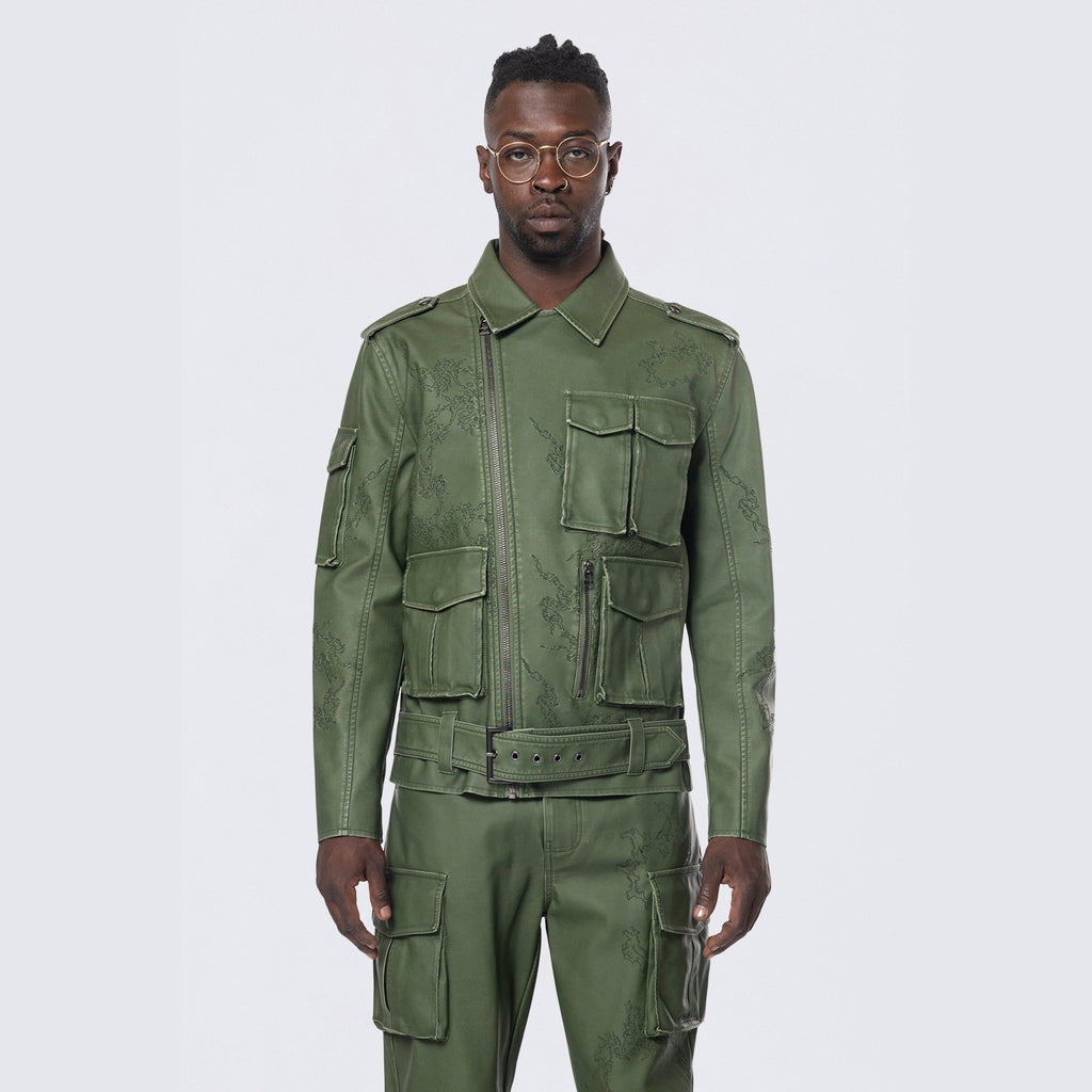 Smoke Rise Washed Vegan Leather Biker Jacket - Washed Deep Olive