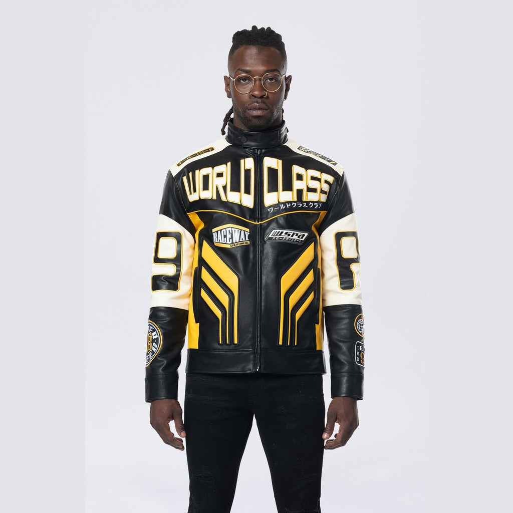 Smoke Rise Vegan Leather Racing Jacket - Yellow