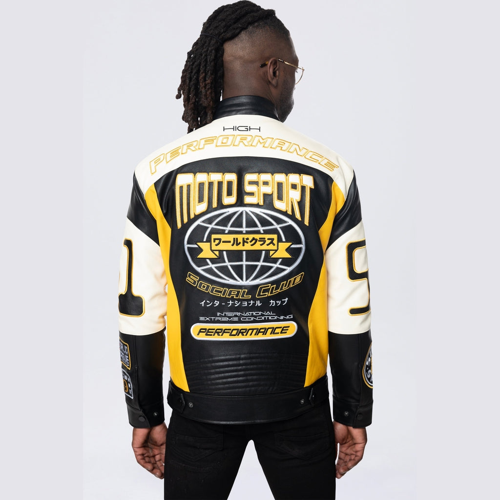 Smoke Rise Vegan Leather Racing Jacket - Yellow