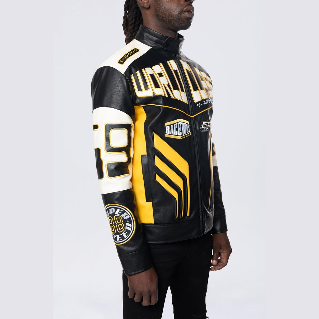 Smoke Rise Vegan Leather Racing Jacket - Yellow