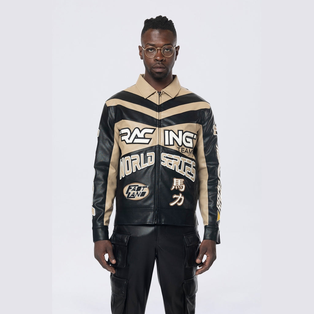 Smoke Rise Vegan Leather Racing Jacket - Khaki