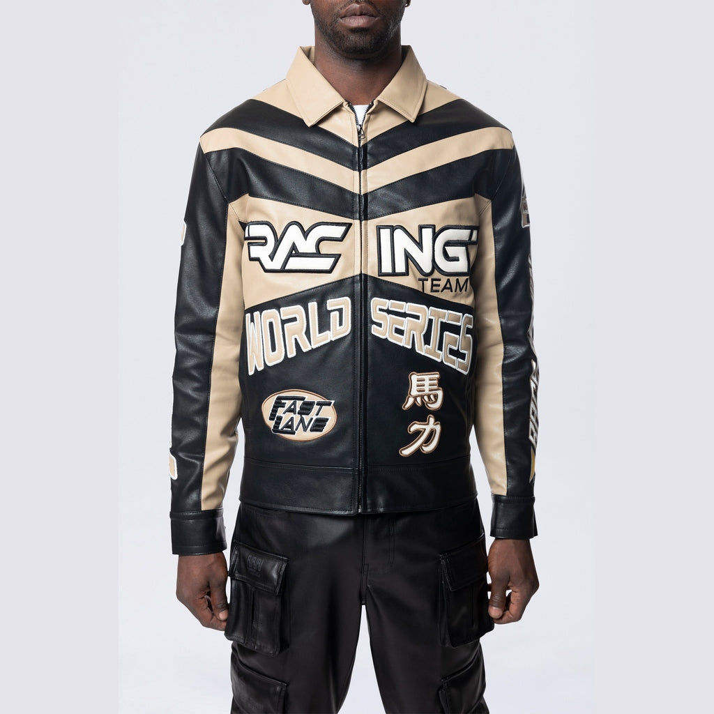 Smoke Rise Vegan Leather Racing Jacket - Khaki