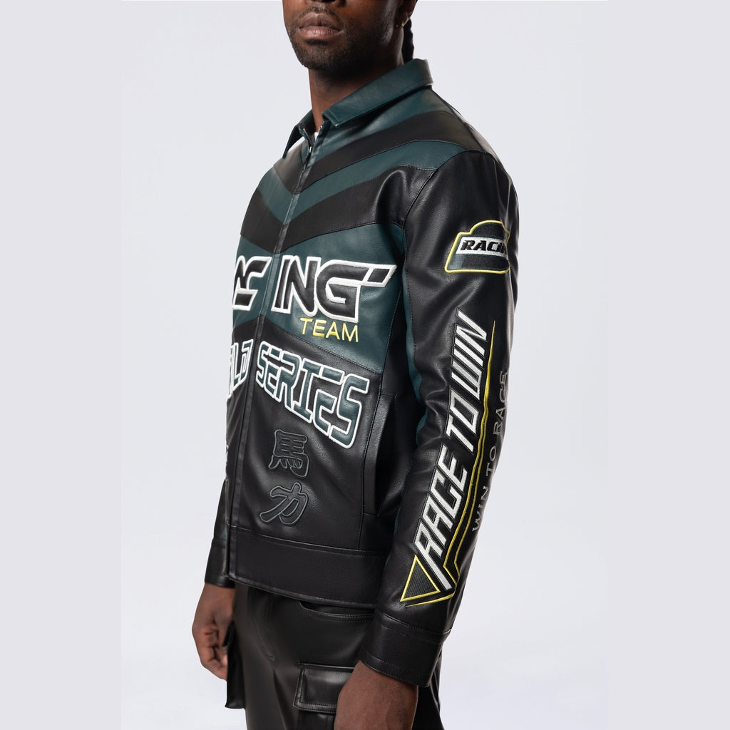 Smoke Rise Vegan Leather Racing Jacket - Teal