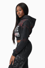 Printed Embroidered Hoodie - Black
