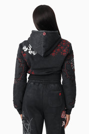 Printed Embroidered Hoodie - Black
