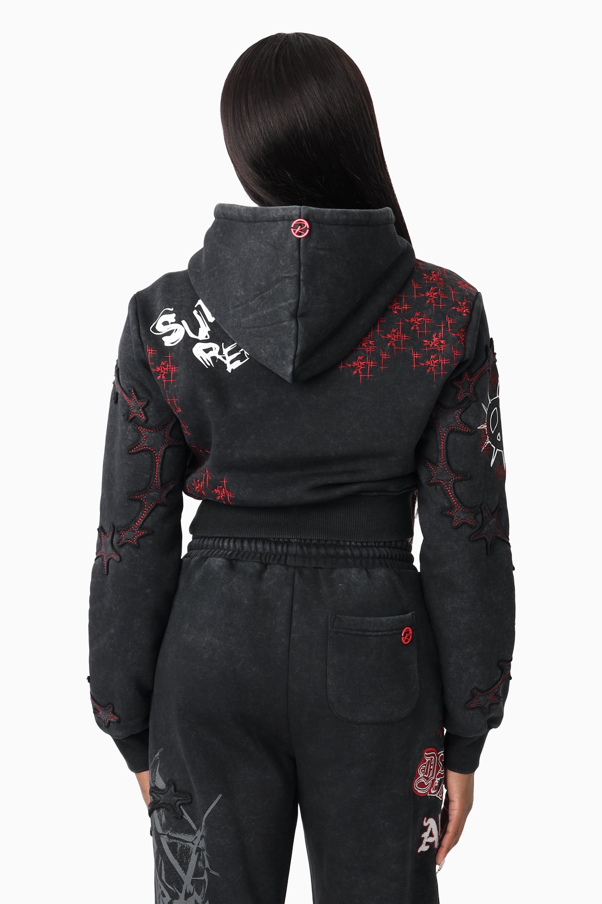 Printed Embroidered Hoodie - Black
