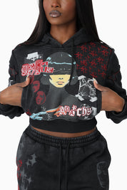 Printed Embroidered Hoodie - Black