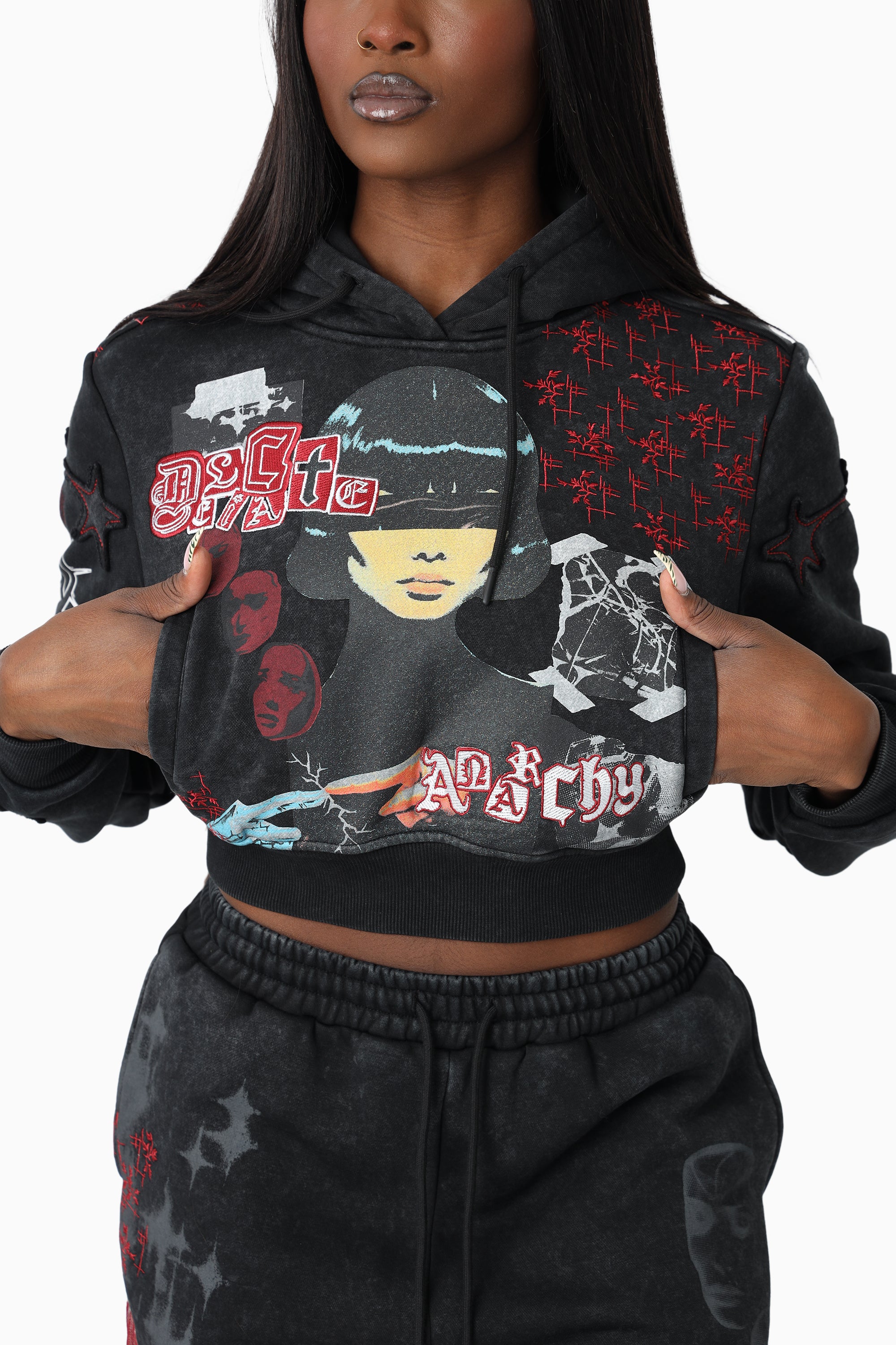 Printed Embroidered Hoodie - Black