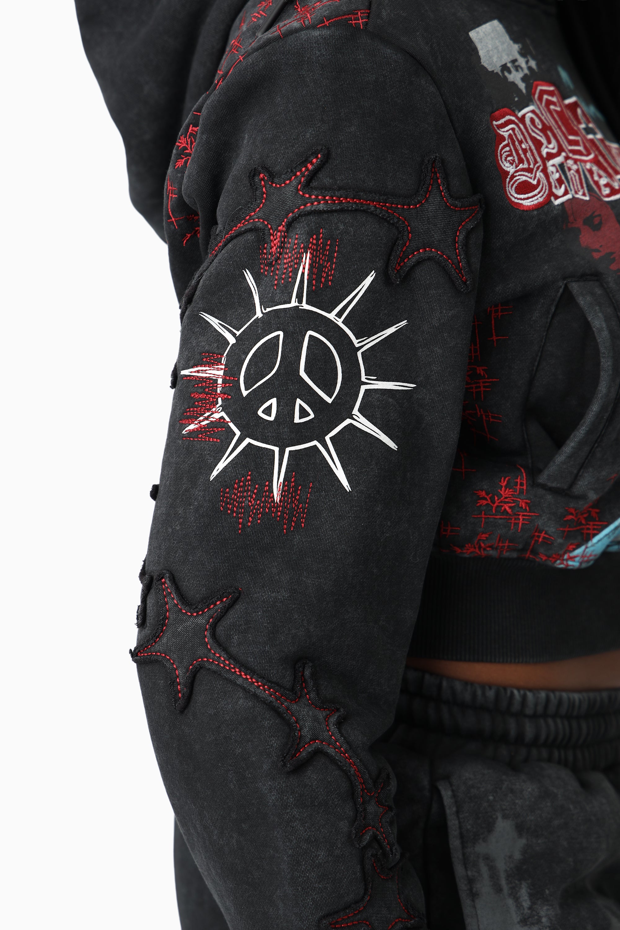 Printed Embroidered Hoodie - Black
