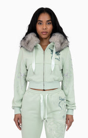 Faux Fur Trim Zip-Up Hoodie - Frosty Green