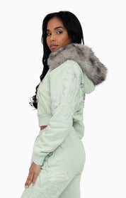 Faux Fur Trim Zip-Up Hoodie - Frosty Green