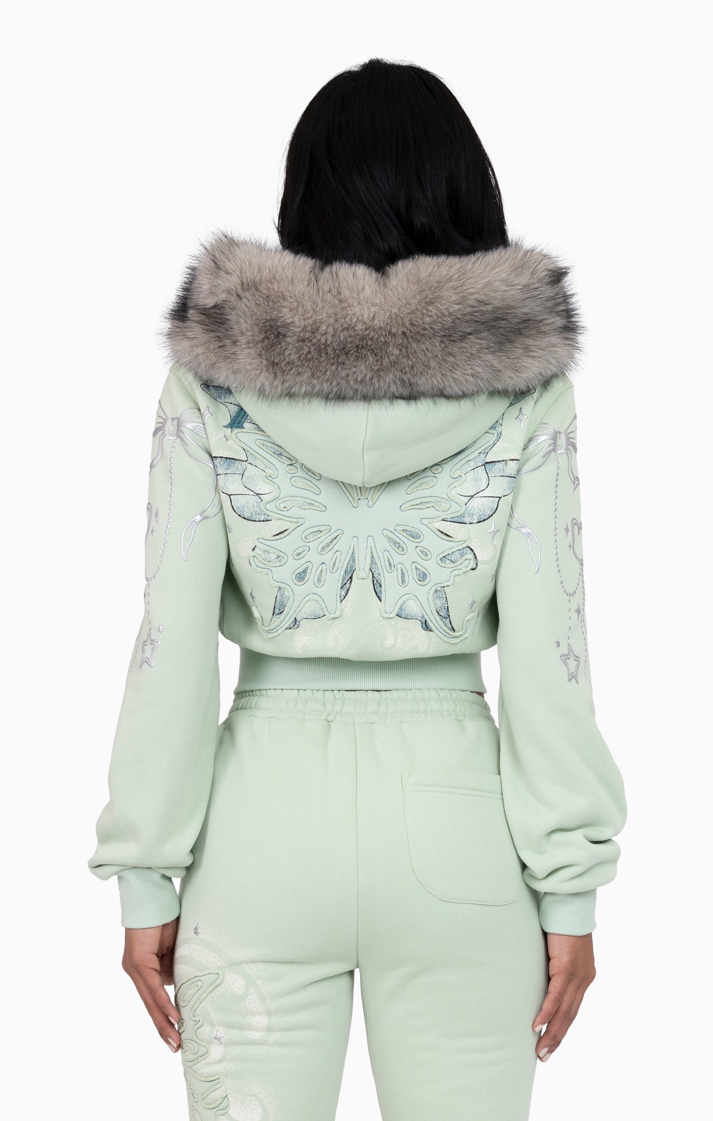 Faux Fur Trim Zip-Up Hoodie - Frosty Green