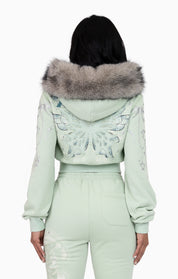 Faux Fur Trim Zip-Up Hoodie - Frosty Green