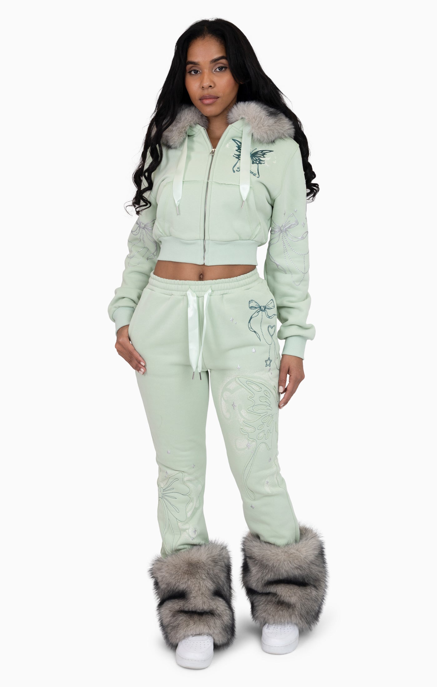 Faux Fur Trim Zip-Up Hoodie - Frosty Green