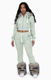 Faux Fur Trim Zip-Up Hoodie - Frosty Green