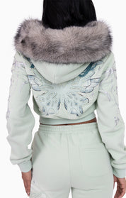 Faux Fur Trim Zip-Up Hoodie - Frosty Green