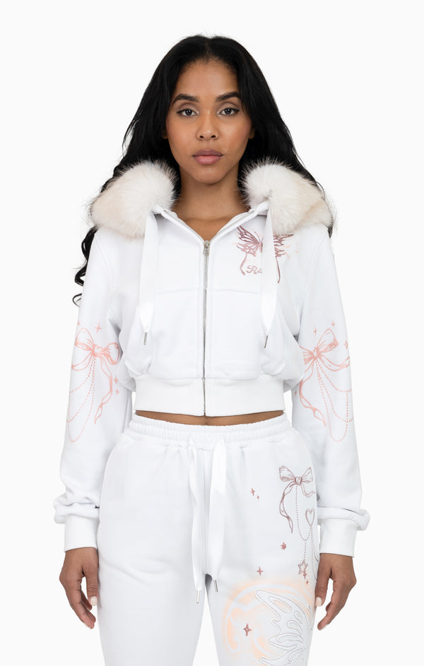 Faux Fur Trim Zip-Up Hoodie - White