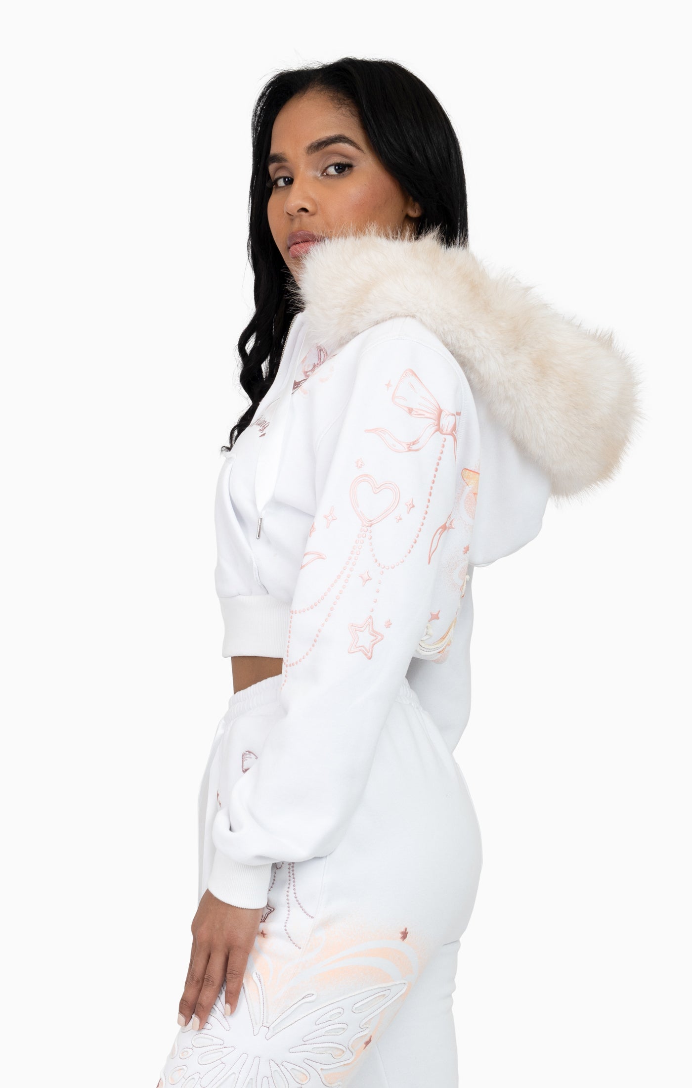 Faux Fur Trim Zip-Up Hoodie - White