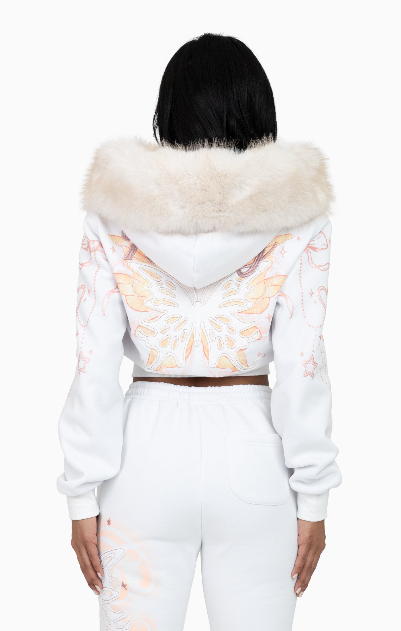 Faux Fur Trim Zip-Up Hoodie - White