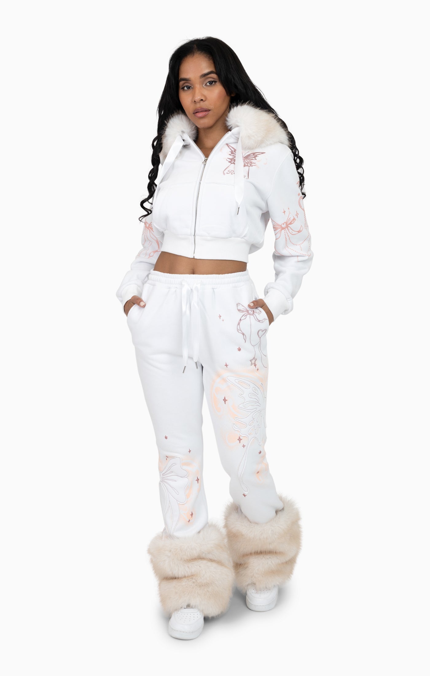 Faux Fur Trim Zip-Up Hoodie - White