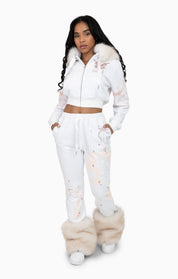 Faux Fur Trim Zip-Up Hoodie - White