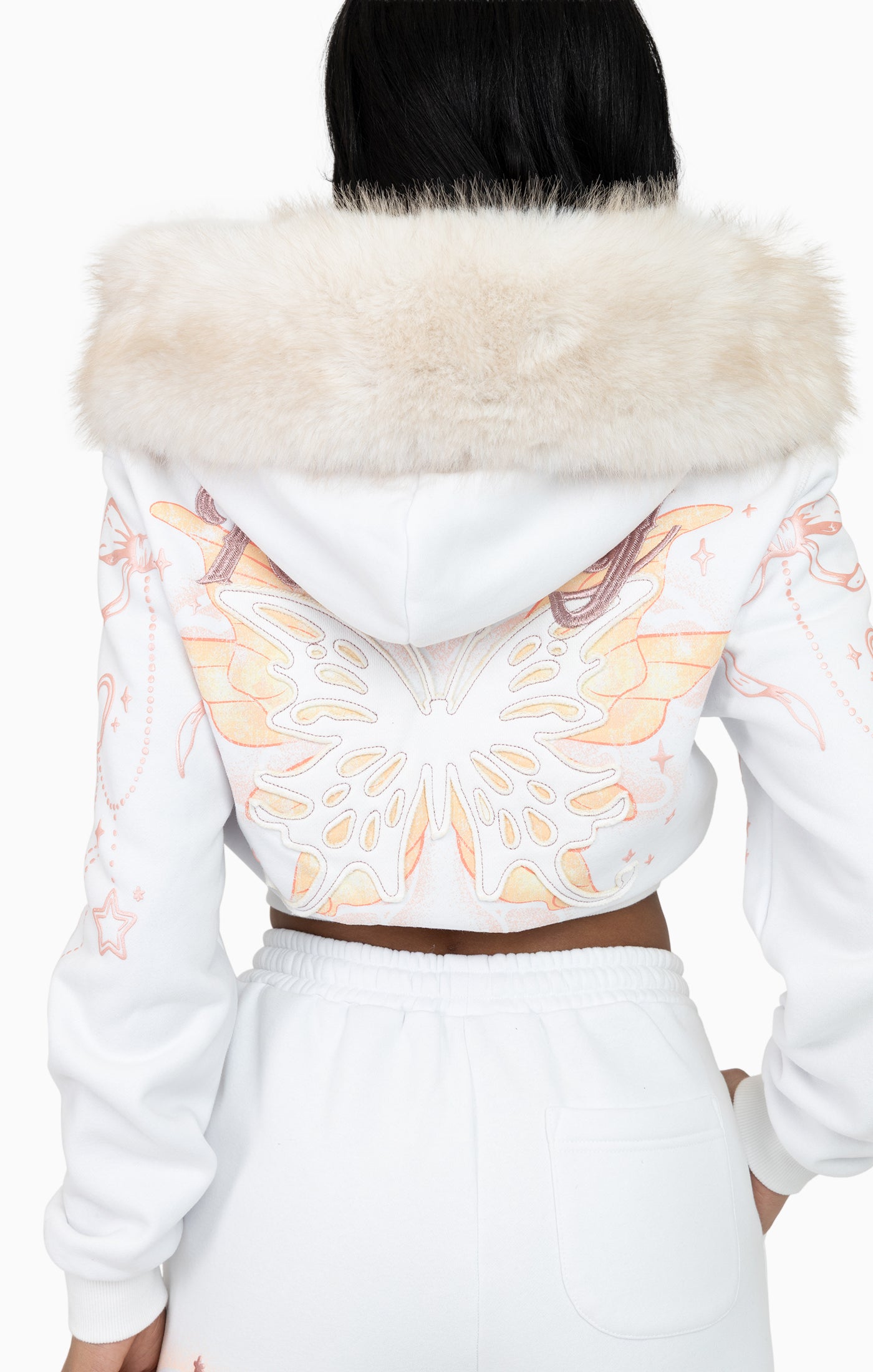Faux Fur Trim Zip-Up Hoodie - White
