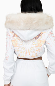 Faux Fur Trim Zip-Up Hoodie - White