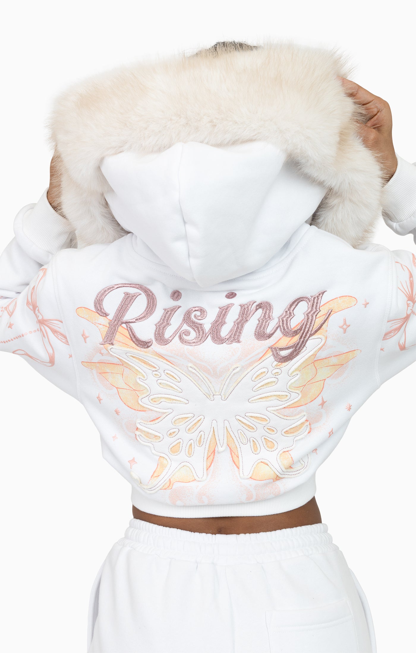 Faux Fur Trim Zip-Up Hoodie - White