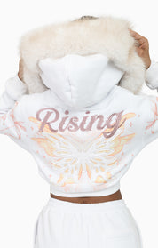 Faux Fur Trim Zip-Up Hoodie - White