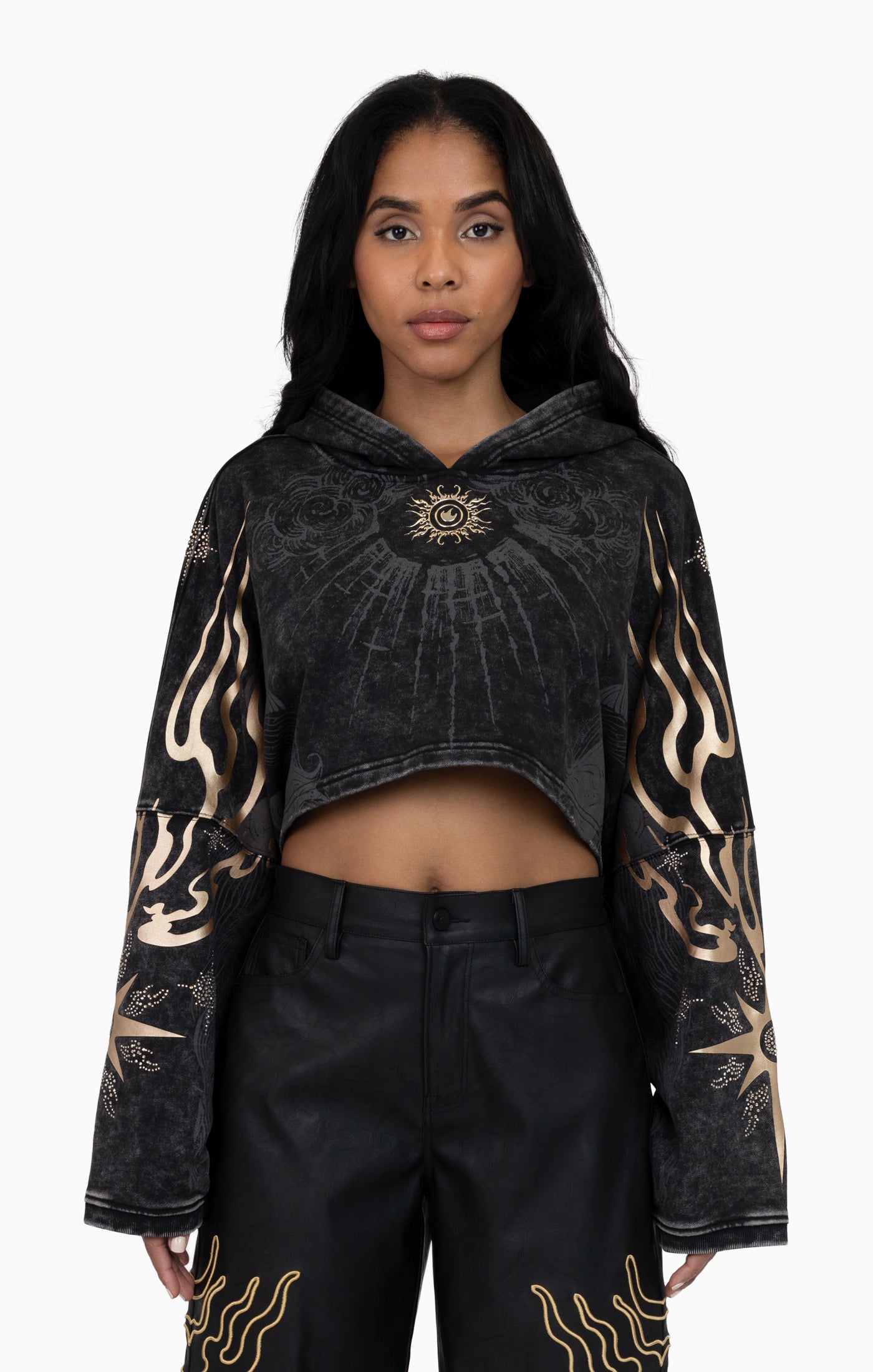 Foil Printed Embellished Hooded Tee - Black