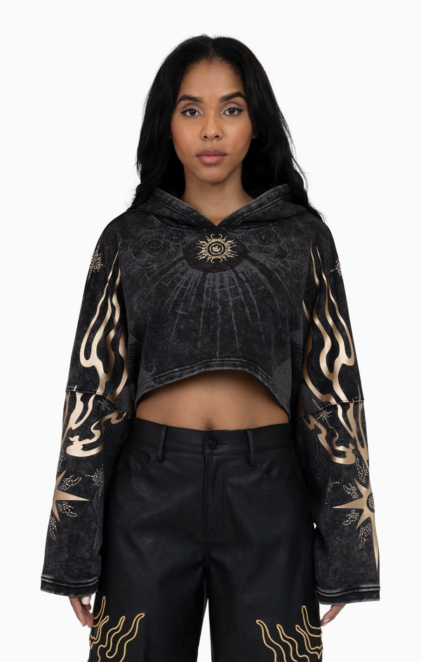 Foil Printed Embellished Hooded Tee - Black